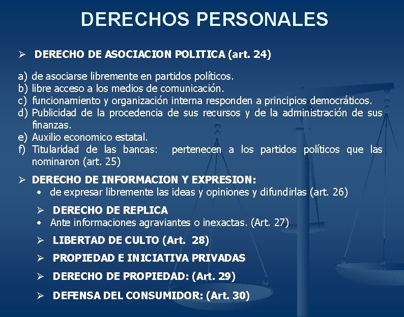 DERECHOS PERSONALES Ø DERECHO DE ASOCIACION POLITICA (art. 24) a) b) c) d) de