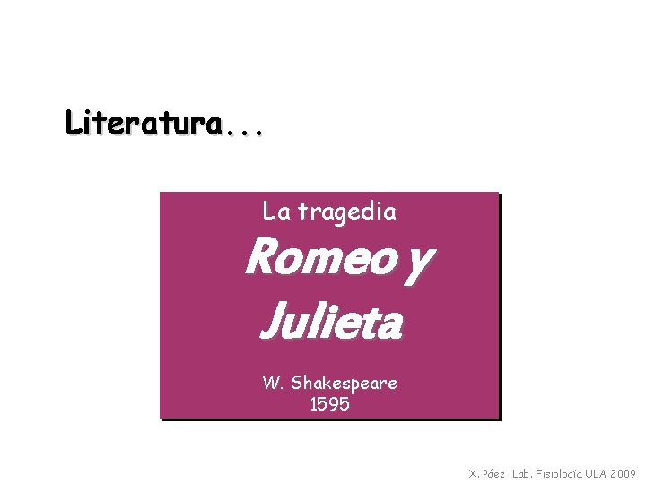 Literatura. . . La tragedia Romeo y Julieta W. Shakespeare 1595 X. Páez Lab.