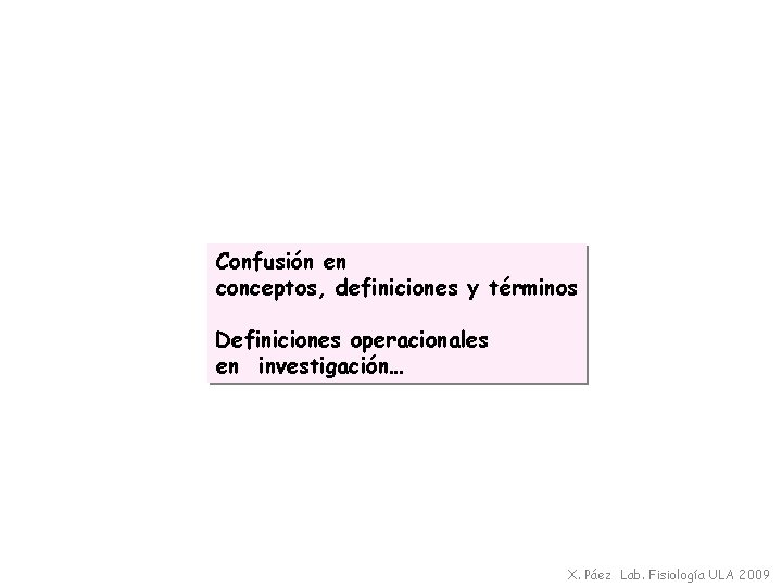 Confusión en conceptos, definiciones y términos Definiciones operacionales en investigación… X. Páez Lab. Fisiología