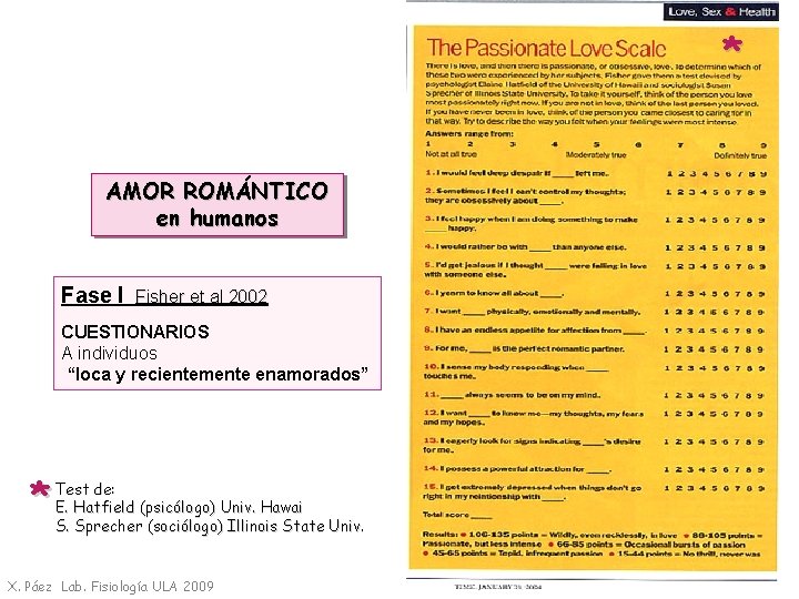 * AMOR ROMÁNTICO en humanos Fase I Fisher et al 2002 CUESTIONARIOS A individuos
