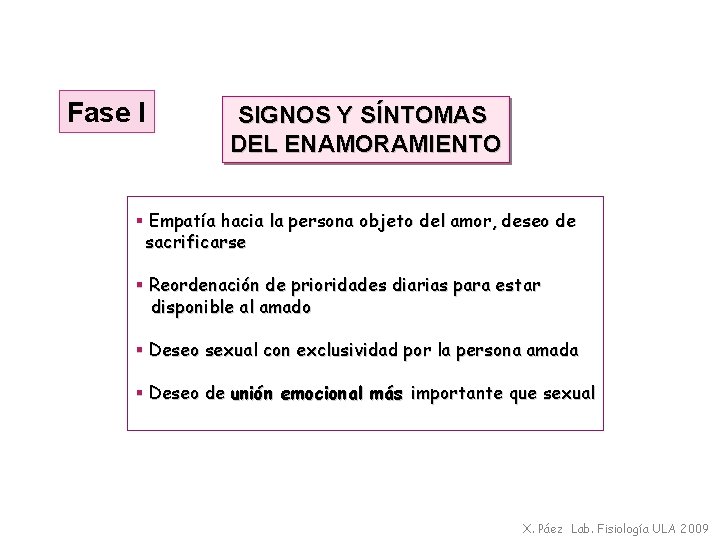 Fase I SIGNOS Y SÍNTOMAS DEL ENAMORAMIENTO § Empatía hacia la persona objeto del