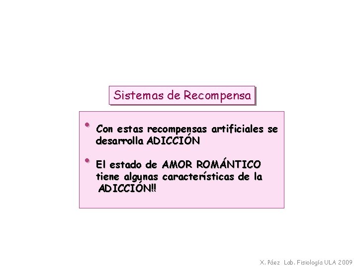 Sistemas de Recompensa • Con estas recompensas artificiales se desarrolla ADICCIÓN • El estado