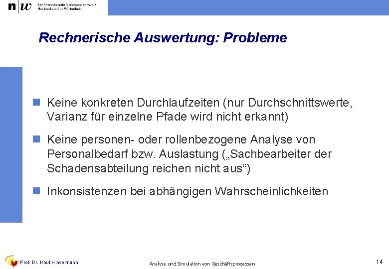 Rechnerische Auswertung: Probleme n Keine konkreten Durchlaufzeiten (nur Durchschnittswerte, Varianz für einzelne Pfade wird