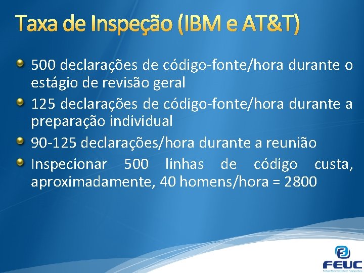 Taxa de Inspeção (IBM e AT&T) 500 declarações de código-fonte/hora durante o estágio de