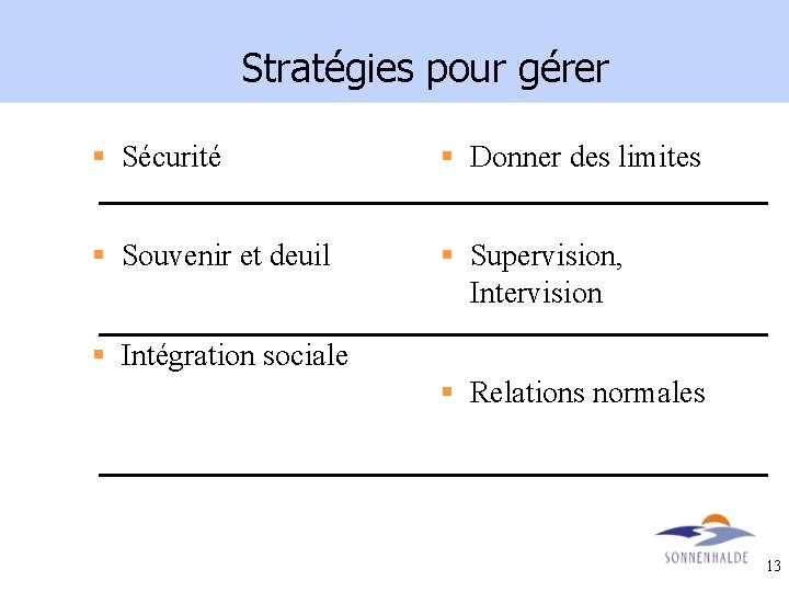 Stratégies pour gérer § Sécurité § Donner des limites § Souvenir et deuil §