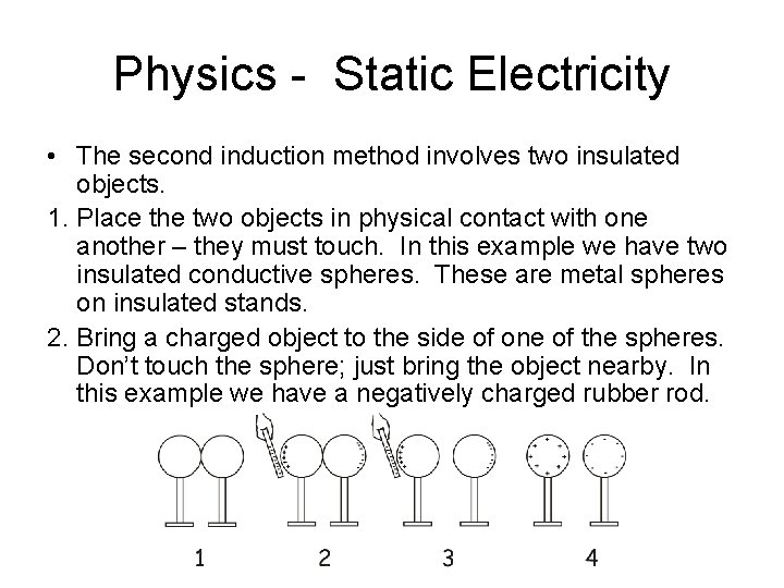 Physics - Static Electricity • The second induction method involves two insulated objects. 1.