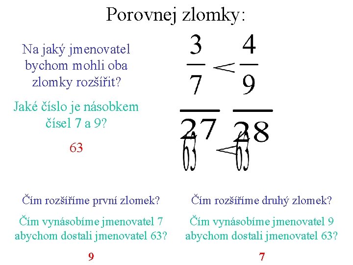 Porovnej zlomky: Na jaký jmenovatel bychom mohli oba zlomky rozšířit? Jaké číslo je násobkem