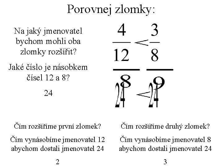 Porovnej zlomky: Na jaký jmenovatel bychom mohli oba zlomky rozšířit? Jaké číslo je násobkem