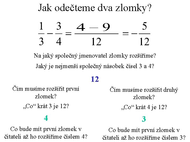 Jak odečteme dva zlomky? Na jaký společný jmenovatel zlomky rozšíříme? Jaký je nejmenší společný