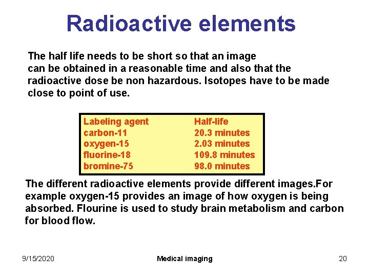 Radioactive elements The half life needs to be short so that an image can Radioactive elements The half life needs to be short so that an image can