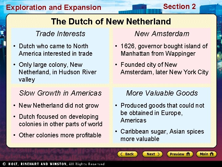 Exploration and Expansion Section 2 The Dutch of New Netherland Trade Interests New Amsterdam