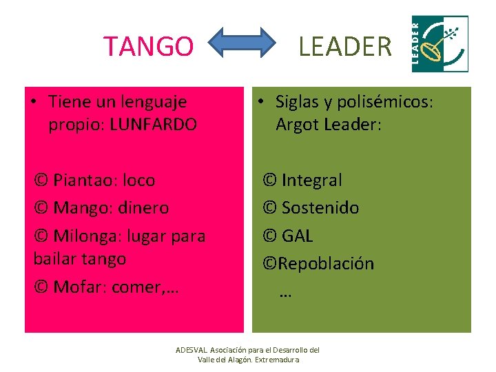 TANGO LEADER • Tiene un lenguaje propio: LUNFARDO • Siglas y polisémicos: Argot Leader: