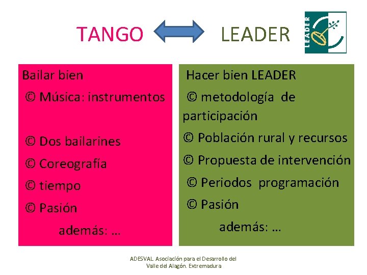 TANGO LEADER Bailar bien Hacer bien LEADER © Música: instrumentos © metodología de participación