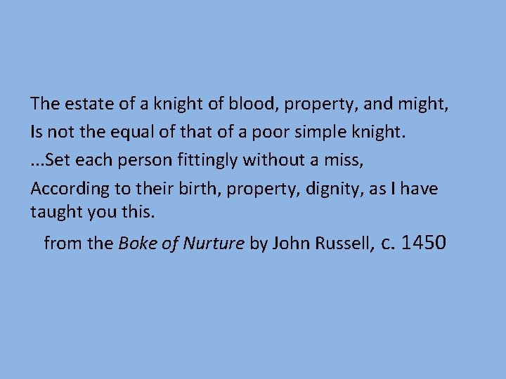 The estate of a knight of blood, property, and might, Is not the equal