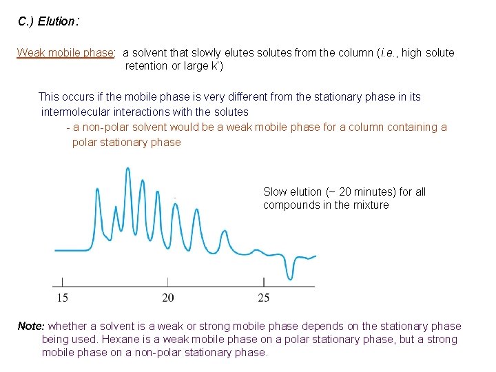 C. ) Elution: Weak mobile phase: a solvent that slowly elutes solutes from the