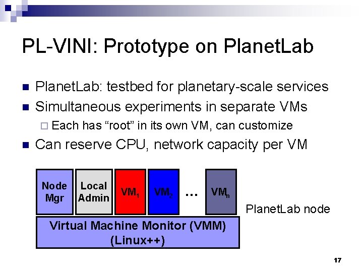 PL-VINI: Prototype on Planet. Lab n n Planet. Lab: testbed for planetary-scale services Simultaneous