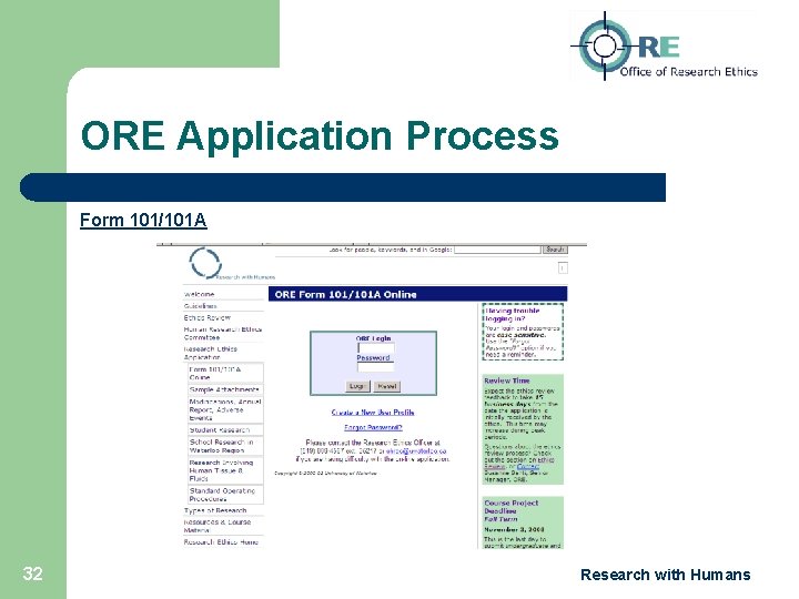  ORE Application Process Form 101/101 A 32 Research with Humans 