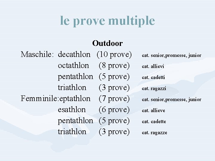 le prove multiple Outdoor Maschile: decathlon (10 prove) octathlon (8 prove) pentathlon (5 prove)