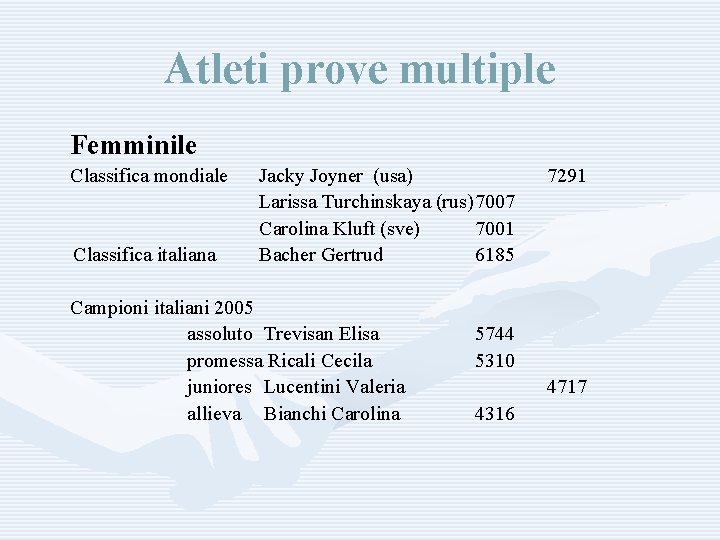 Atleti prove multiple Femminile Classifica mondiale Classifica italiana Jacky Joyner (usa) Larissa Turchinskaya (rus)