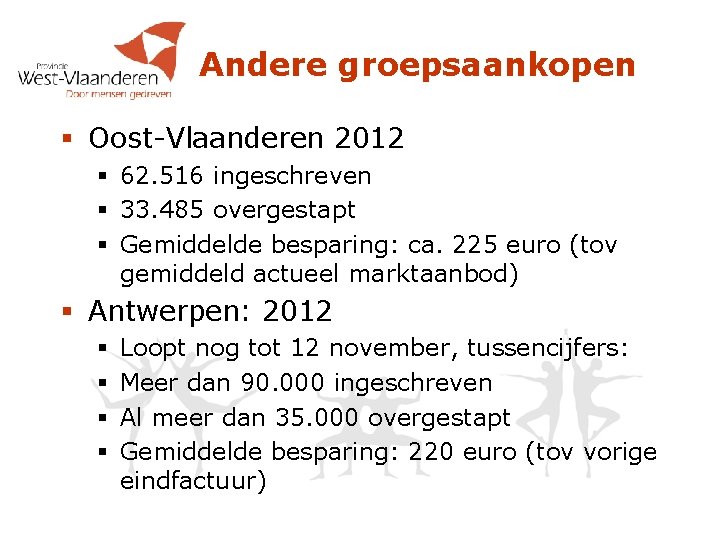 Andere groepsaankopen § Oost-Vlaanderen 2012 § 62. 516 ingeschreven § 33. 485 overgestapt §