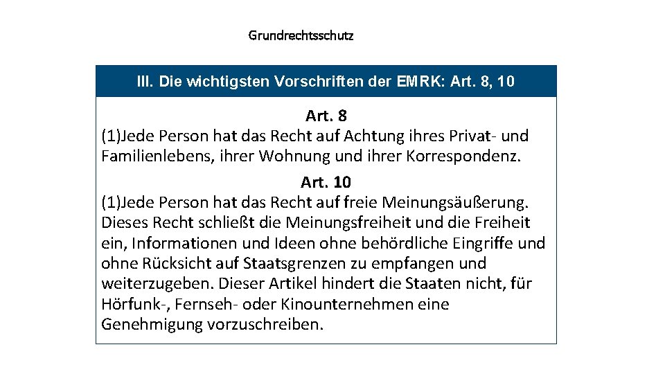 Grundrechtsschutz III. Die wichtigsten Vorschriften der EMRK: Art. 8, 10 Art. 8 (1)Jede Person