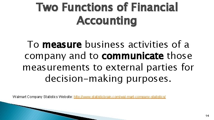 Two Functions of Financial Accounting To measure business activities of a company and to