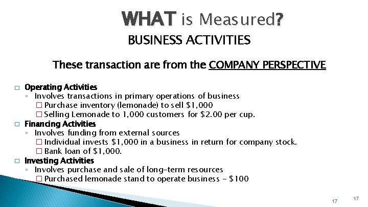 WHAT is Measured? BUSINESS ACTIVITIES These transaction are from the COMPANY PERSPECTIVE � �