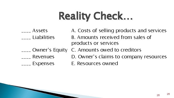 Reality Check… ____ Assets ____ Liabilities A. Costs of selling products and services B.