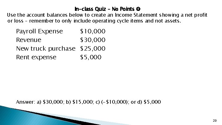 In-class Quiz – No Points Use the account balances below to create an Income