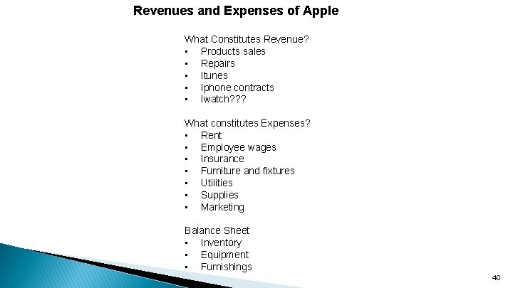 Revenues and Expenses of Apple What Constitutes Revenue? • Products sales • Repairs •