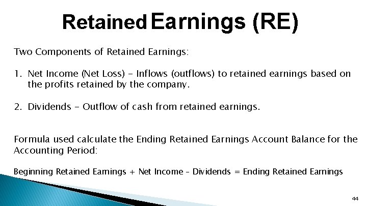 Retained Earnings (RE) Two Components of Retained Earnings: 1. Net Income (Net Loss) -