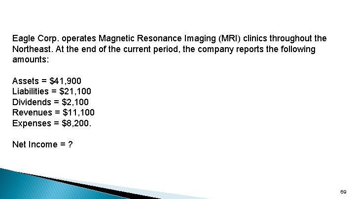 Eagle Corp. operates Magnetic Resonance Imaging (MRI) clinics throughout the Northeast. At the end