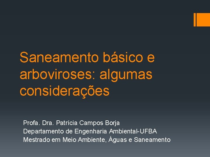 Saneamento básico e arboviroses: algumas considerações Profa. Dra. Patrícia Campos Borja Departamento de Engenharia