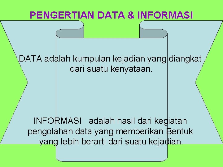 PENGERTIAN DATA & INFORMASI DATA adalah kumpulan kejadian yang diangkat dari suatu kenyataan. INFORMASI