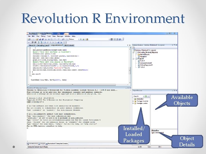 Revolution R Environment Available Objects Installed/ Loaded Packages Object Details 