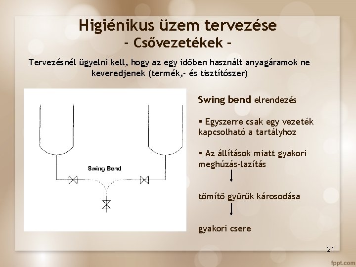 Higiénikus üzem tervezése - Csővezetékek Tervezésnél ügyelni kell, hogy az egy időben használt anyagáramok