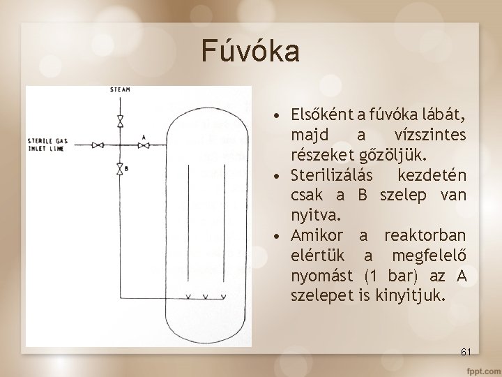 Fúvóka • Elsőként a fúvóka lábát, majd a vízszintes részeket gőzöljük. • Sterilizálás kezdetén