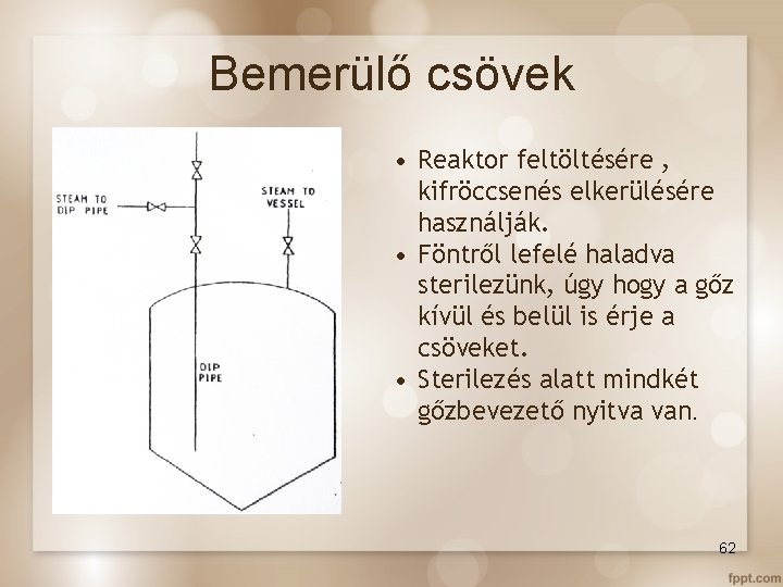 Bemerülő csövek • Reaktor feltöltésére , kifröccsenés elkerülésére használják. • Föntről lefelé haladva sterilezünk,