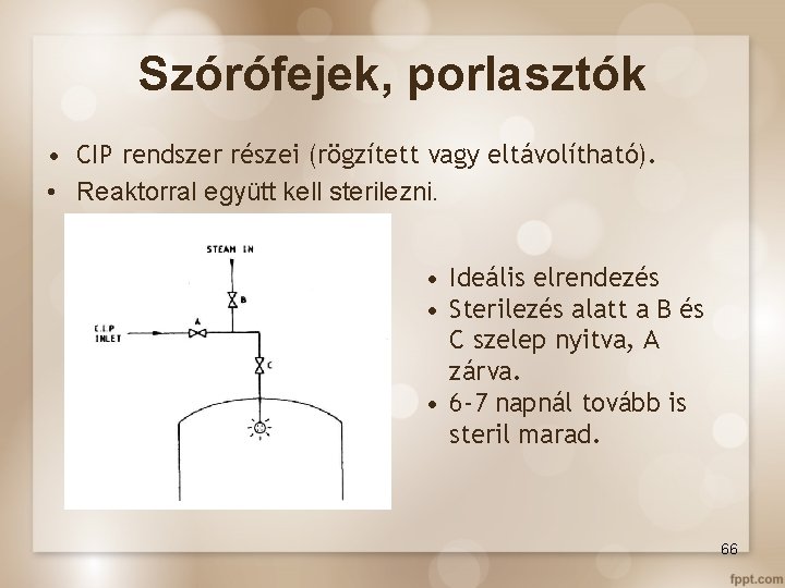 Szórófejek, porlasztók • CIP rendszer részei (rögzített vagy eltávolítható). • Reaktorral együtt kell sterilezni.