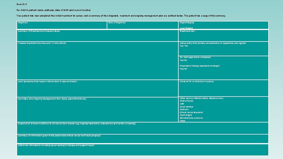 Dear Dr X Re: Add in patient name, address, date of birth and record