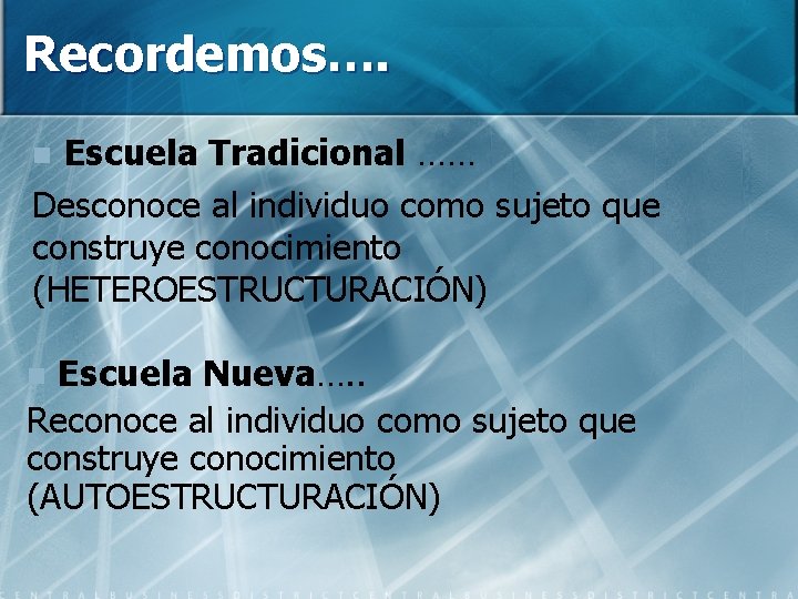 Recordemos…. Escuela Tradicional …… Desconoce al individuo como sujeto que construye conocimiento (HETEROESTRUCTURACIÓN) n