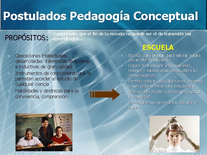 Postulados Pedagogía Conceptual PROPÓSITOS: Comprender que el fin de la escuela no puede ser