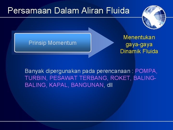 Persamaan Dalam Aliran Fluida Prinsip Momentum Menentukan gaya-gaya Dinamik Fluida Banyak dipergunakan pada perencanaan