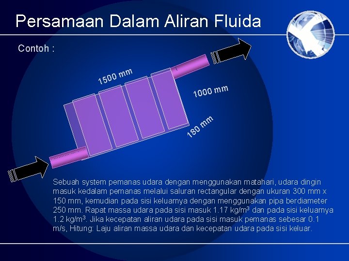 Persamaan Dalam Aliran Fluida Contoh : m 0 m 150 mm 1000 0 18