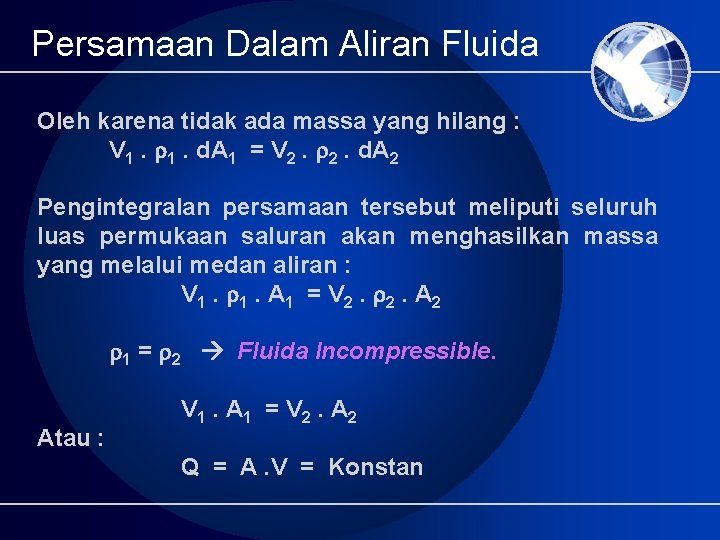 Persamaan Dalam Aliran Fluida Oleh karena tidak ada massa yang hilang : V 1.