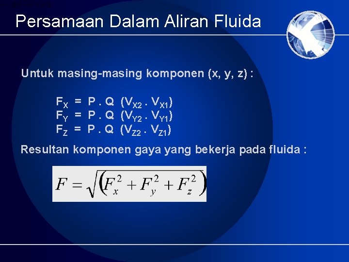 Persamaan Dalam Aliran Fluida Untuk masing-masing komponen (x, y, z) : FX = P.
