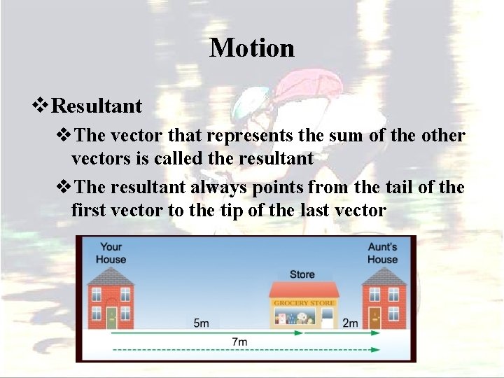 Motion v. Resultant v. The vector that represents the sum of the other vectors