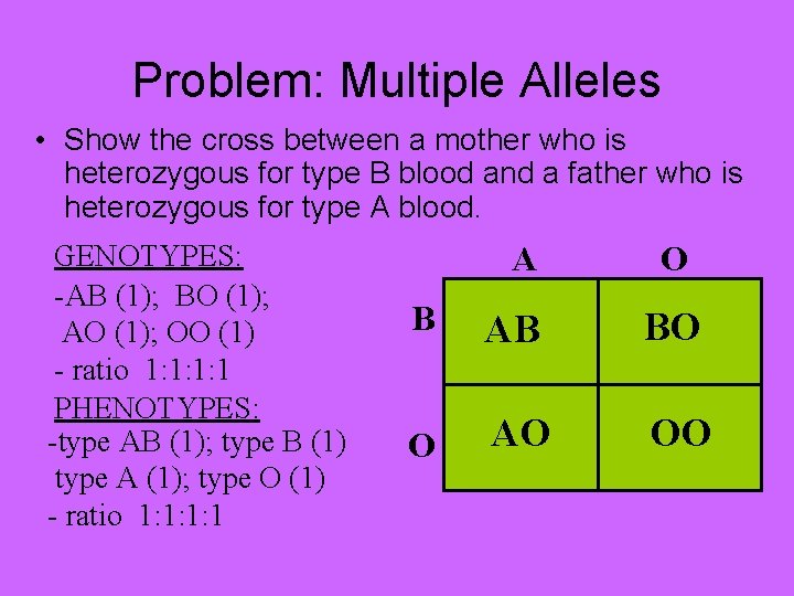 Problem: Multiple Alleles • Show the cross between a mother who is heterozygous for