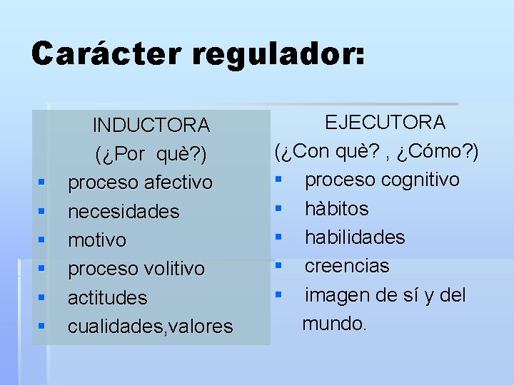 Carácter regulador: § § § INDUCTORA (¿Por què? ) proceso afectivo necesidades motivo proceso