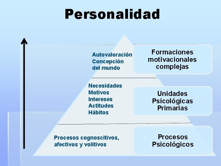 Personalidad Autovaloración Concepción del mundo Necesidades Motivos Intereses Actitudes Hábitos Procesos cognoscitivos, afectivos y